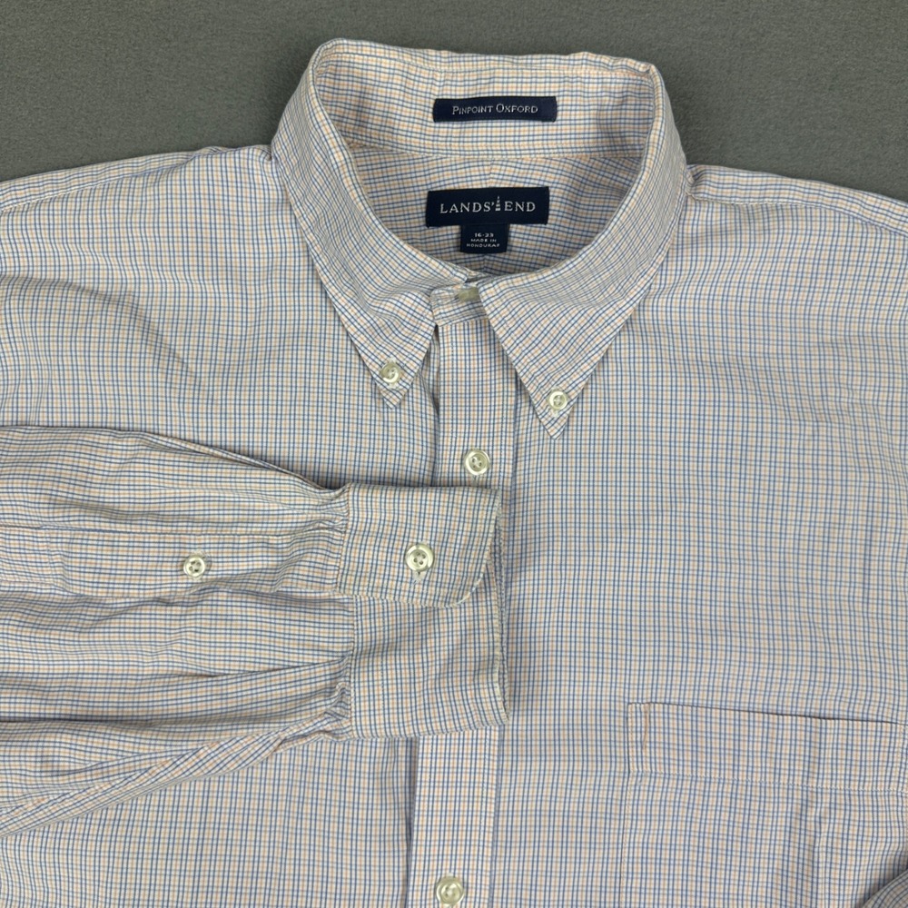 Lands End Mens Pinpoint Oxford Shirt Blue Orange Check Cotton Button Down 16-33
